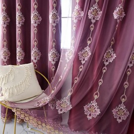 Amidoudou 1 Pair European Luxury Double Layered Curtains High-Blackout Embroidered Curtains with Valance for Living Room Bedroom Balcony (Purple,51x96 Inch)