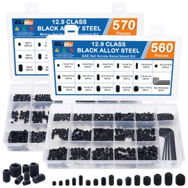 EilxMag 1130PCS Set Screws, 32 Sizes Metric & SAE Set Screw Assortment Kit, Allen Head Socket Hex Grub Screws for Bathroom Fixtures, Door Handles, Alloy Steel Black (M3-M8, 1/8"-40 to 5/16"-18)