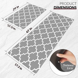 Kitchen Rug Set 2 PCS Kitchen Runner Rug Kitchen Floor Mat, Cushioned Anti-Fatigue Non Skid Waterproof Comfort Standing for Kitchen, Home, Office, 17.3"x29"+17.3"x47", Grey