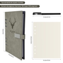 Cuaderno de Hojas Sueltas de 6 anillas,con BolíGrafo,con 100 hojas de papel en blanco A5,7 x 9 pulgadas(Portada),Cuaderno profesional para Suministros Escolares Oficina,Viajes de Negocios,cubierta de piel sintética