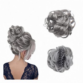 Gray Curly Messy Bun Hair Piece, Tousled Updo Hair Buns for Thin and Thick, Hair Extensions Claw Clip for Daily Wear