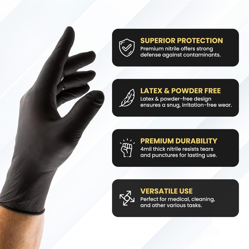 Black Disposable Nitrile Gloves, L, Heavy Duty, Powder-Free, Industrial Grade,