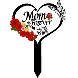 MTOPHLS Heart Memorial Grave Markers for Cemetery, Metal Memorial Plaques Stake Grave Decorations with Rose and Butterfly for Mom Outdoors Yard Garden Sympathy Decor