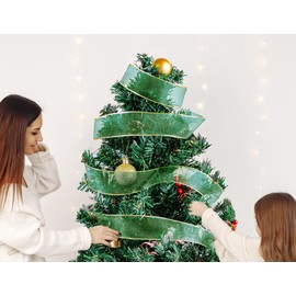 Green Christmas Ribbon Wired Sheer Organza Ribbon with Gold Sliver Border for Christmas Tree, 1.5 Inch 25 Yards