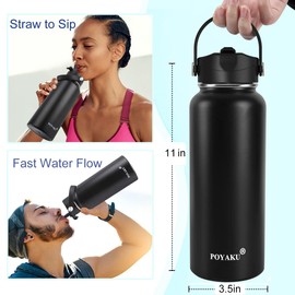 Water Bottle Insulated 32oz 40oz 64oz 128oz Straw Lid Spout Lid & 3 Lids, Leak Proof, Vacuum Insulated,Stainless Steel Water Bottle Wide Mouth for Sports, Gym or Office (Magic Black, 40 oz)