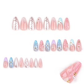 Foccna French Press on Nails Long Pearl Pink Fake Nails Almond Glossy 3D False Nail Tips Artificial Nails Finger Manicure for Women and Girls 24pcs