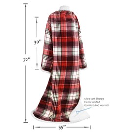 Tirrinia Sherpa Wearable Blanket for Adult Women and Men, Super Soft Comfy Warm Plush Throw with Sleeves TV Blanket Wrap Robe Cover for Sofa, Couch 72" x 55" Red Buffalo Plaid