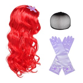 EUPSIIU Mermaid Costume Wig and Princess Gloves, Mermaid Children's Wig, Red Curly Wig, Long Mermaid Fancy Dress Up for Girls Costume Halloween Cosplay Carnival (Red)