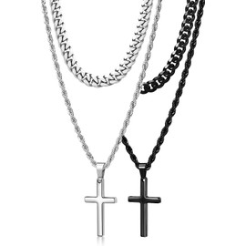 Romass 4Pcs Cross Necklace for Men,Stainless Steel Chains for Men Layered Necklaces Silver Gold Black Pendant Jewelry Box Gifts 18-24 Inches (4Pcs 16in/18in, Silver+Black)