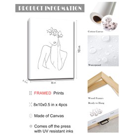 Minimalist Line Art Prints Wall Decor - Abstract Flower Line Art - Modern Black and White Artwork - Women Office Bedroom Bathroom Decoration - FRAMED, 8"x10", 4 Piece Set