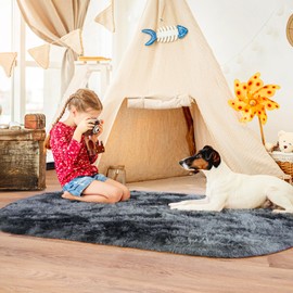 Pionblank Fluffy Oval Rug for Bedroom 2.6'x5.3', Shag Area Rug for Bedside, Ultra Soft Cute Plush Carpet for Living Room Girls Boys Room Nursery Teens Dorm Home Decor, Blue Grey