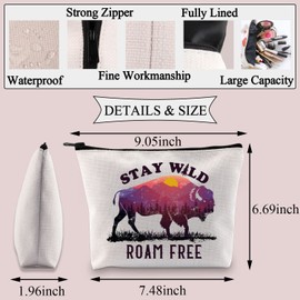 BDPWSS Buffalo Gift Bison Themed Gift Stay Wild Roam Free Buffalo Lover Makeup Bag Wild West Gift Nature Lover Gift (Stay roam free)