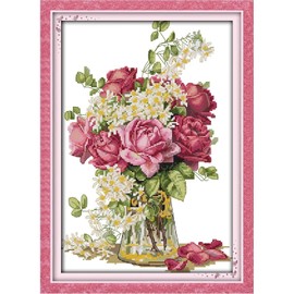 Stamped Cross Stitch Kits Beginners Full Range of Crossstitching Preprinted kits Pattern for Kids or Adults, DIY Needlepoint Embroidery Craft Kits 11CT 3 Strands-15×20.5 inch，Blooming flowers