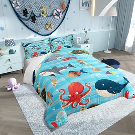 Kids Cartoon Ocean Kids Comforter Set,Whale Shark Dolphin Bedding Set,Lovely Under Sea Animal Comforter Room Decor Microfiber,Blue Sea Wave Quilt Set Twin Size