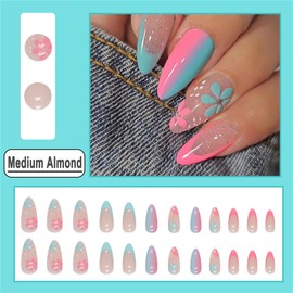 DOCVOEOMH Almond Shaped Press on Nails Medium Ombre Blue Pink Acrylic Fake Press Ons Nails with French Flower Design Glue on Full Cover Artificial False Stick on Nail for Girls Women Daily Wear 24PCS