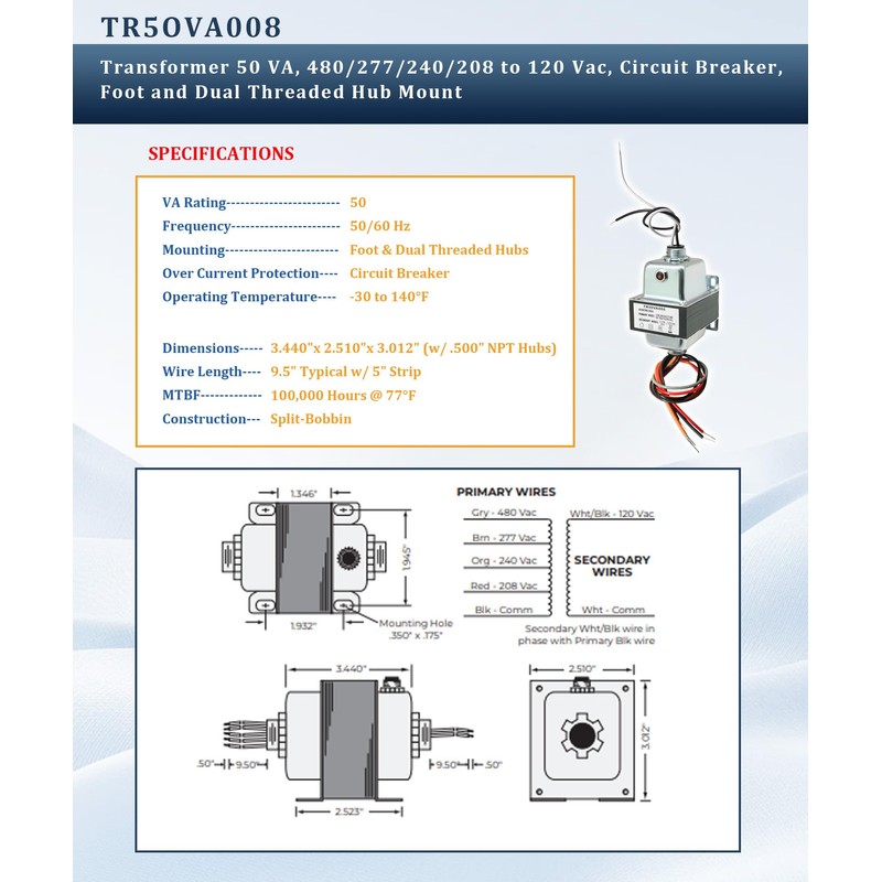 TR50VA008 Transformer 50Va 480/277/240/208 to 120 Vac