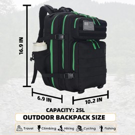 Lovelinks21 25L Tactical Military Backpack Small Travel Rucksack for Men and Women Assault Pack Bug Out Bag Molle Daypack Gym Backpack with Bottle Holder (Black Neon Green)