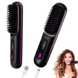 Go Brush Pro Hair Straightener & Curler 2-in-1 – Cordless Comb with Negative Ion, 4000mAh Fast Heating & Portable Travel Design, Rechargeable Brush for Straightening and Curling