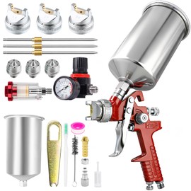 RRJ HVLP Gravity Feed Spray Paint Gun, Paint Sprayer 1.4/1.7/2.5mm Nozzles with Air Regulator, 1000cc, Automotive Paint Gun for Car Primer, Paint Gun for House Painting, Furniture, Fence (Red)