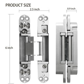 4-Pack 6 inch Hidden Door Hinges Heavy Duty Silver, Invisible Concealed Hinges Zinc Alloy 6''x 2.5''x1Inch, 180 Degree Swing Hinge, 3 Way Adjustable Hinge with Pins and Screws