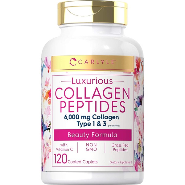 Collagen Peptides 6000 mg | 120 Caplets | Type 1 and 3 with Vitamin C | Grass Fed, Non-GMO, Gluten Free Pill Supplement | by Carlyle