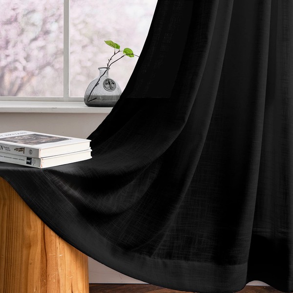 Melodieux Black Linen Textured Semi Sheer Curtains 96 Inches Long for Living Room Bedroom Natural Flax Linen Rod Pocket Voile Drapes, 52 by 96 Inch (2 Panels)