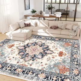 CAPALOCA Machine Washable 5x7 Area Rugs for Living Room Vintage Rugs Carpet Rugs Non Slip Low Pile Water Repellent Soft Print Pattern for Bedroom Indoor Decor Polyester Rug Bluebeige