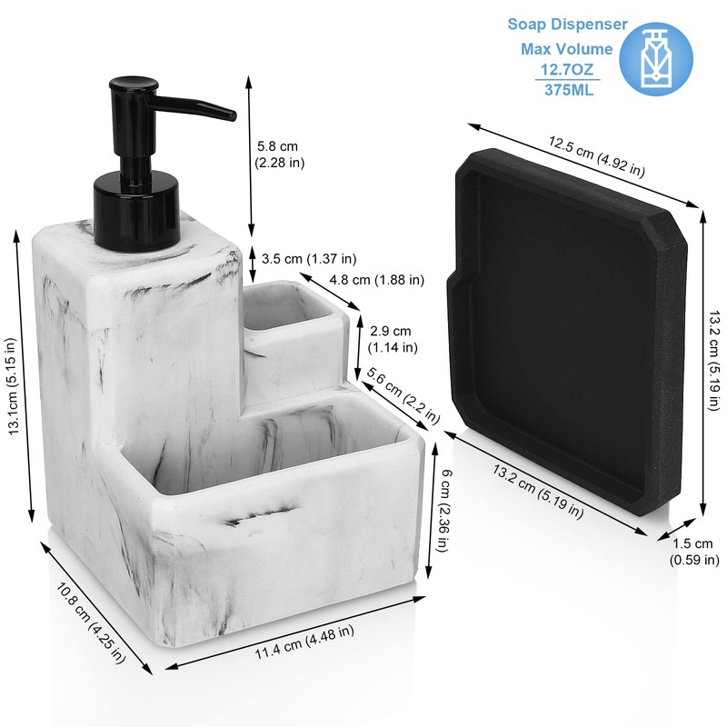 Soap Dispenser with Sponge Holder and Brush Holder,White Marble 3