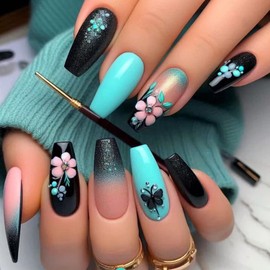 Long Press on Nails Ballerina Fake Nails Glitter 3D False Nails with Flowers Butterflies Rhinestone Design Pink Cyan Artificial Nails Full Cover Stick on Acrylic Nails for Women 24Pcs