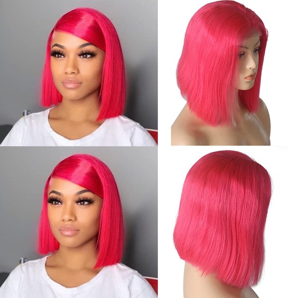 Lace Front Human Hair Bob Wig Hot Pink Straight 14 inch Pre Plucked with Baby Hair Middle Part Bleached Knots Brazilian Vigin Hair Glueless 13x4 Swiss Lace Frontal Short Cut for Black Women