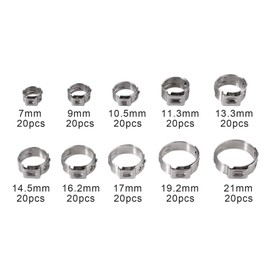 Bohaner 200Pcs Stainless Steel Single Ear Stepless Hose Clamps 7mm-21mm Hose Clamps Set O Clips Hose Tube Pipe Clamps Fuel Line Clip
