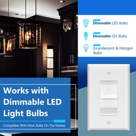 LIDER Dimmer Switch for Dimmable 200W LED/CFL Lights, Single Pole, 120 V, Modern Upgrade, UL Listed, Wall Plate Included, White