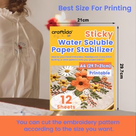 Craftido 12PCS A4 (29.7x21cm) Sticky Water Soluble Embroidery Stabilizer Printable Dissolving Paper Medium Weight Allowed for Print or Draw Patterns Best for Hand & Machine Embroidery