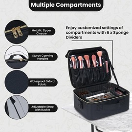BEAUTY CASE Portable Makeup Organizer – Portable PU leather Makeup Organizer Bag with Adjustable Strap Makeup Bag with Brush Storage Sturdy Dual Zip Closure with 7x Compartments (Black)