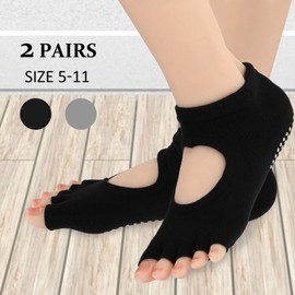Grevosea 2 Pairs of Yoga Socks Without Toes, Gymnastics Fitness Socks Yoga Toe Socks Non-Slip Toeless Pilates Socks Non-Slip Toe Free Ankle Socks for Women Pilates Dance Ballet Kickboxing, Black+grey