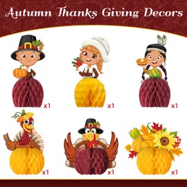 SHERONV Autumn Thanksgiving Decorations, 6Pcs Thanksgiving Day Honeycomb Centerpieces, 3D Turkey Pumpkin Honeycomb Ball Table Decors for Indoor Outdoor Fall Thanksgiving Day Party Events