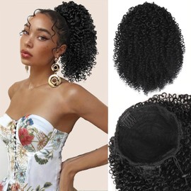 Black Kinky Curly Drawstring Ponytail for Black Women Afro Deep Curly Ponytail Extension Synthetic Curly Drawstring Ponytail Clip in Ponytail Hair Pieces for Women 1B#