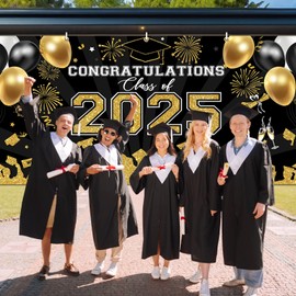 Avezano 2025 Graduation Garage Door Banner Congratulations Class of 2025 Garage Door Cover Backdrop Black Gold Congrats Grad Party Decoration Background 6 x 13 ft (Black Gold)