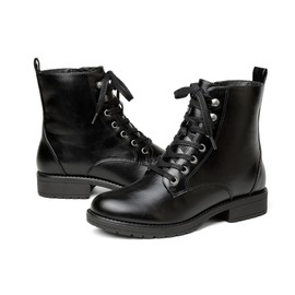 LISYIIZ Ankle Combat boots for Women Flat Lace up Booties with Zip Round Toe Soft Insole Warm Breathble Lining for Girls Ladies Fall Winter - Black 9M US