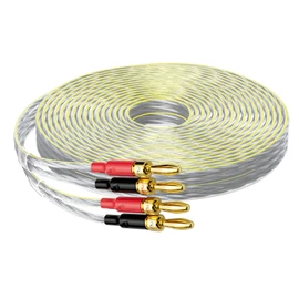 Mygatti 16/2 Speaker Flat Wire Cable with Banana Tip Plugs 50 FT, CL3 Rated, 16 Gauge AWG Wire, Tinned OFC Copper, Transparent Jacket with Yellow Polarity Marker, for Indoor & Outdoor, Hi-Fi Sound