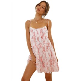 Womens Summer Floral Spaghetti Strap Mini Dress Boho Flowy Tiered Cami Dress Sleeveless Ruffle Short Sundress(red Floral,S)
