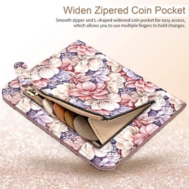 APHISON Purses for Women Small Wallet with Zipper RFID Blocking Slim Vegan Leather Wallet Bifold Card Holder Coin Pocket Ladies Purse with ID Window Purple Flower