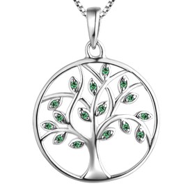 YL Tree of Life Necklace 925 Sterling Silver cut May Birstone Green Cubic Zirconia Family Tree Pendant Necklace for Women