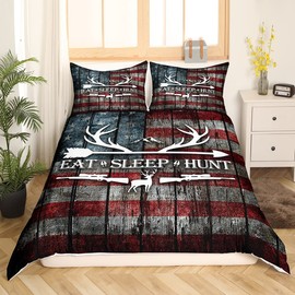 Eat Sleep Hunt Bedding Set Twin,Deer Antler and Arrow Print Duvet Cover with 1 Pillow Sham Comforter Cover for Kids Boys,Retro Stars Stripes American Flag Quilt Cover Set Decorative 2 Pcs