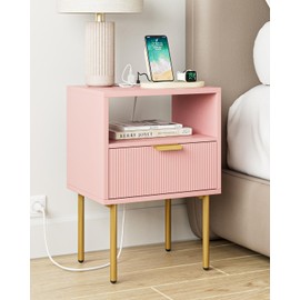 AEPOALUA Nightstand with Charging Station,Small Bedside Table with Gold Frame,Morden Pink Night Stand,End Table,Bedside Furniture,Side Table with Drawer and Shelf for Bedroom,Living Room