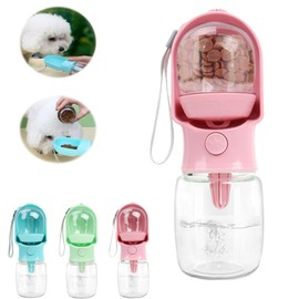 11oz Portable Dog Water Bottle with 6oz Food Container - Leakproof Travel Water Dispenser for Cats Service Animals Dogs Walking Accessories Camping Essentials-Pink