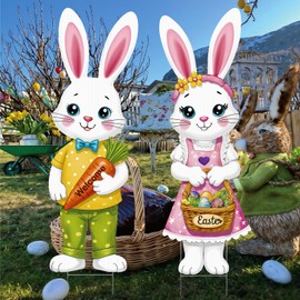 BoGlowHaven 2pcs Easter Yard Signs with Stakes, Cute Bunny Easter Outdoor Decorations, Metal H-Frame Waterproof Garden Lawn Signs for Spring Party Home Festival Decoration, Happy Easter Welcome Decor