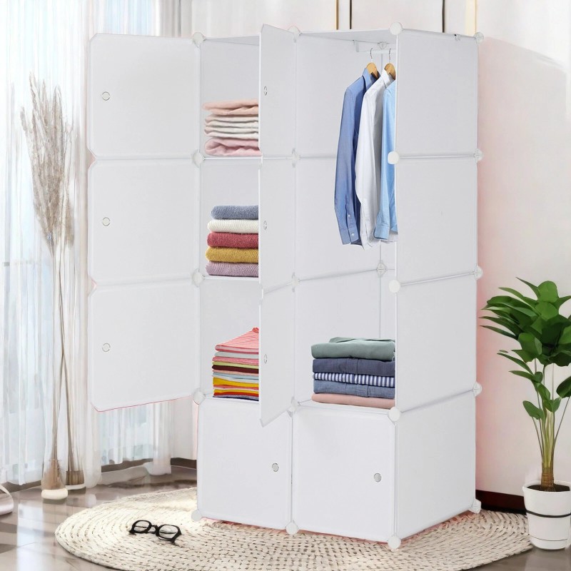 4-Tier Closet Storage Cabinet - White, 8-Cube, Hanging Rod &