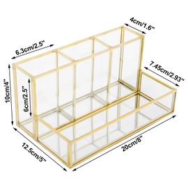 HighFree Glass Makeup Brush Holder, Vintage Clear Cosmetic Brush Makeup Organizer with Mirror Tray for Storage Perfume Nail Polish Lipsticks, 4 Compartments