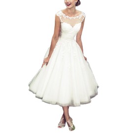 Women's Elegant Sheer Vintage Short Lace Wedding Dress for Bride US 8 Ivory